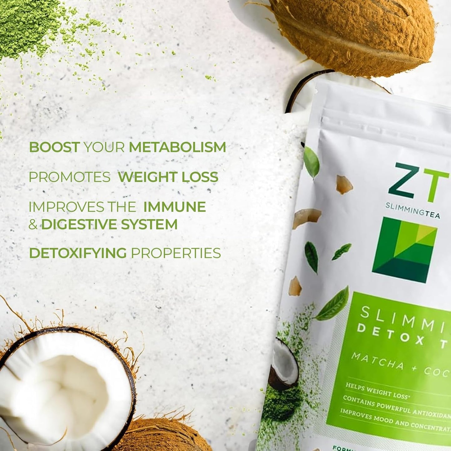 Dr. Zisman ZT Slimming Matcha-Coconut Detox Tea - 28 Tea Bags for Weight Management, Antioxidant Benefits, Mood Enhancement