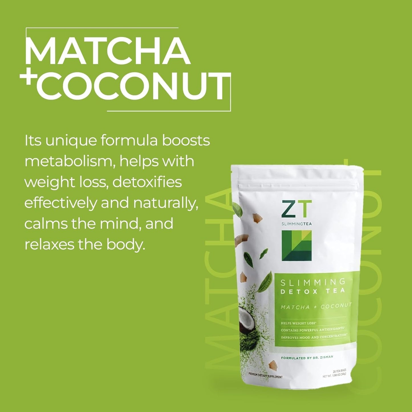 Dr. Zisman ZT Slimming Matcha-Coconut Detox Tea - 28 Tea Bags for Weight Management, Antioxidant Benefits, Mood Enhancement