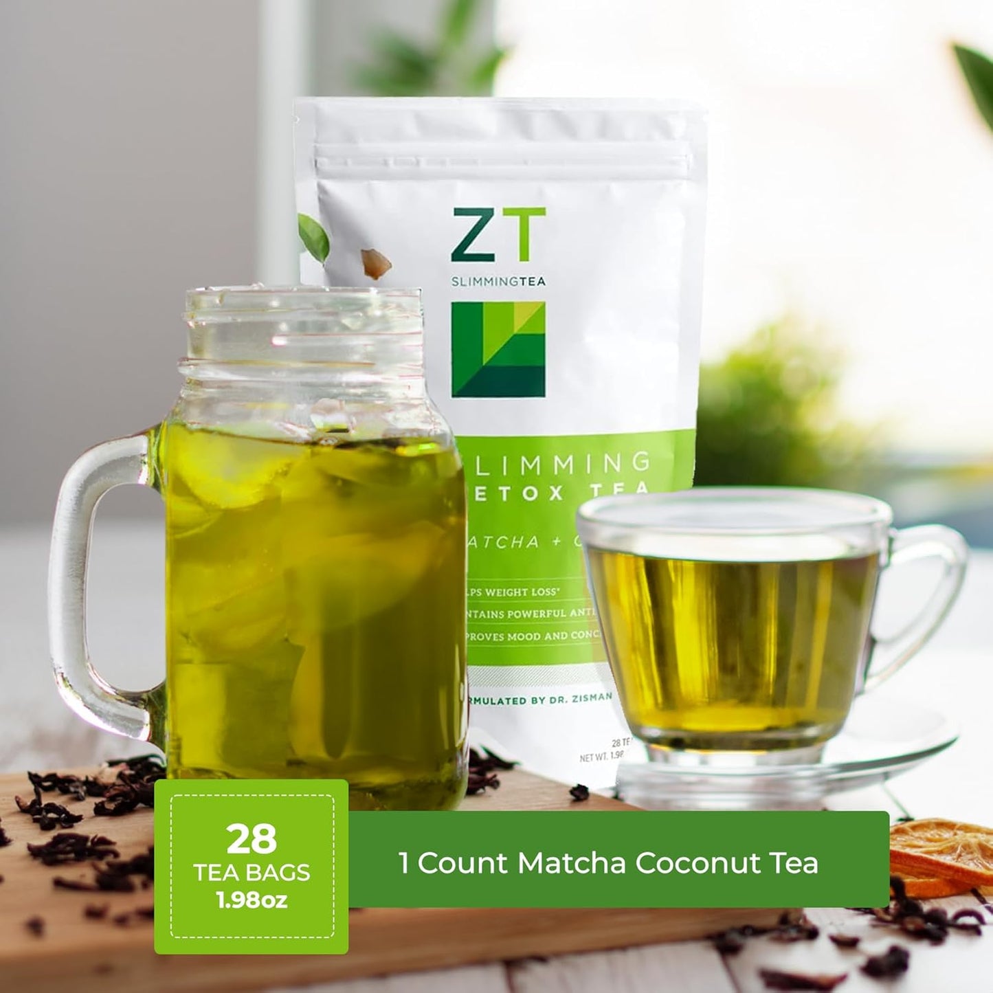 Dr. Zisman ZT Slimming Matcha-Coconut Detox Tea - 28 Tea Bags for Weight Management, Antioxidant Benefits, Mood Enhancement