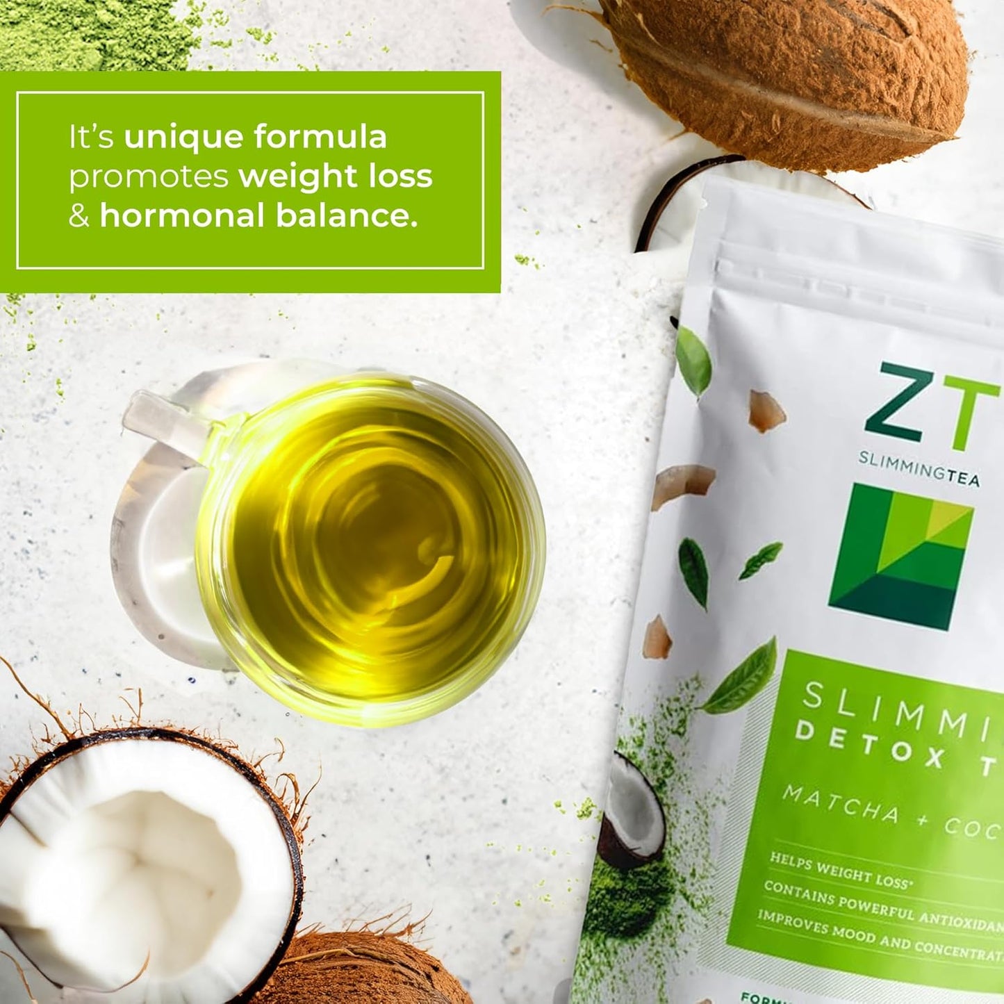 Dr. Zisman ZT Slimming Matcha-Coconut Detox Tea - 28 Tea Bags for Weight Management, Antioxidant Benefits, Mood Enhancement
