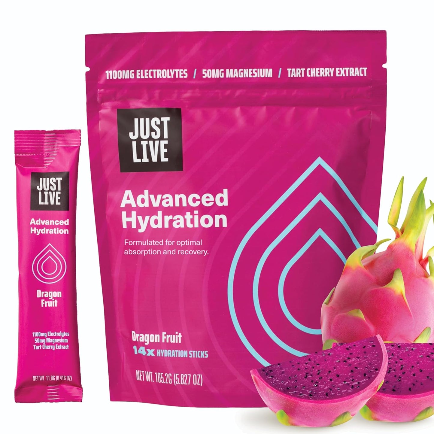 Dragon Fruit Electrolyte Drink Mix - Tart Cherry Extract, Low Sugar, Supports Recovery & Absorption, 14 Pack, Just Live Advanced Hydration