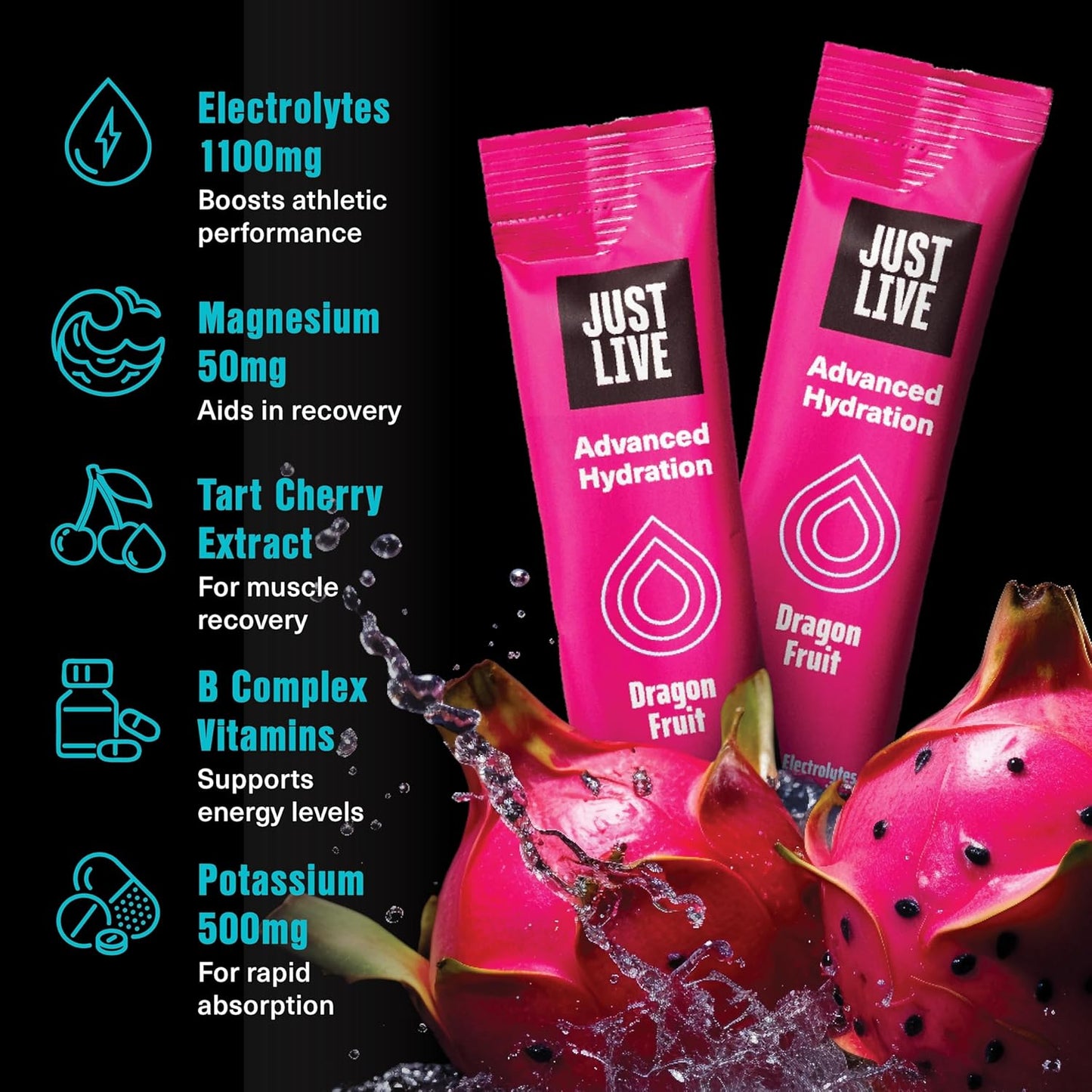 Dragon Fruit Electrolyte Drink Mix - Tart Cherry Extract, Low Sugar, Supports Recovery & Absorption, 14 Pack, Just Live Advanced Hydration