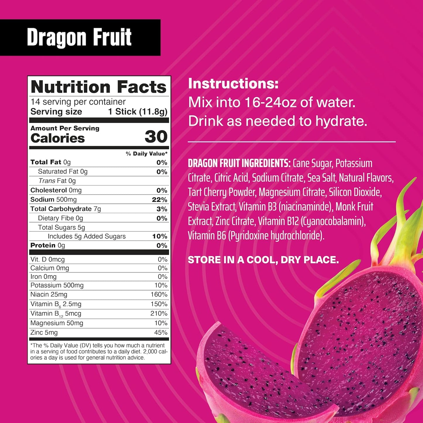 Dragon Fruit Electrolyte Drink Mix - Tart Cherry Extract, Low Sugar, Supports Recovery & Absorption, 14 Pack, Just Live Advanced Hydration