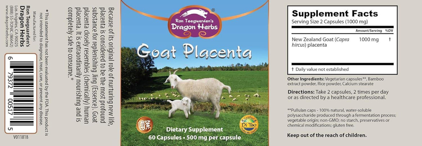 Dragon Herbs Goat Placenta Capsules - 500 mg - 60 Capsules - Natural Health Supplement