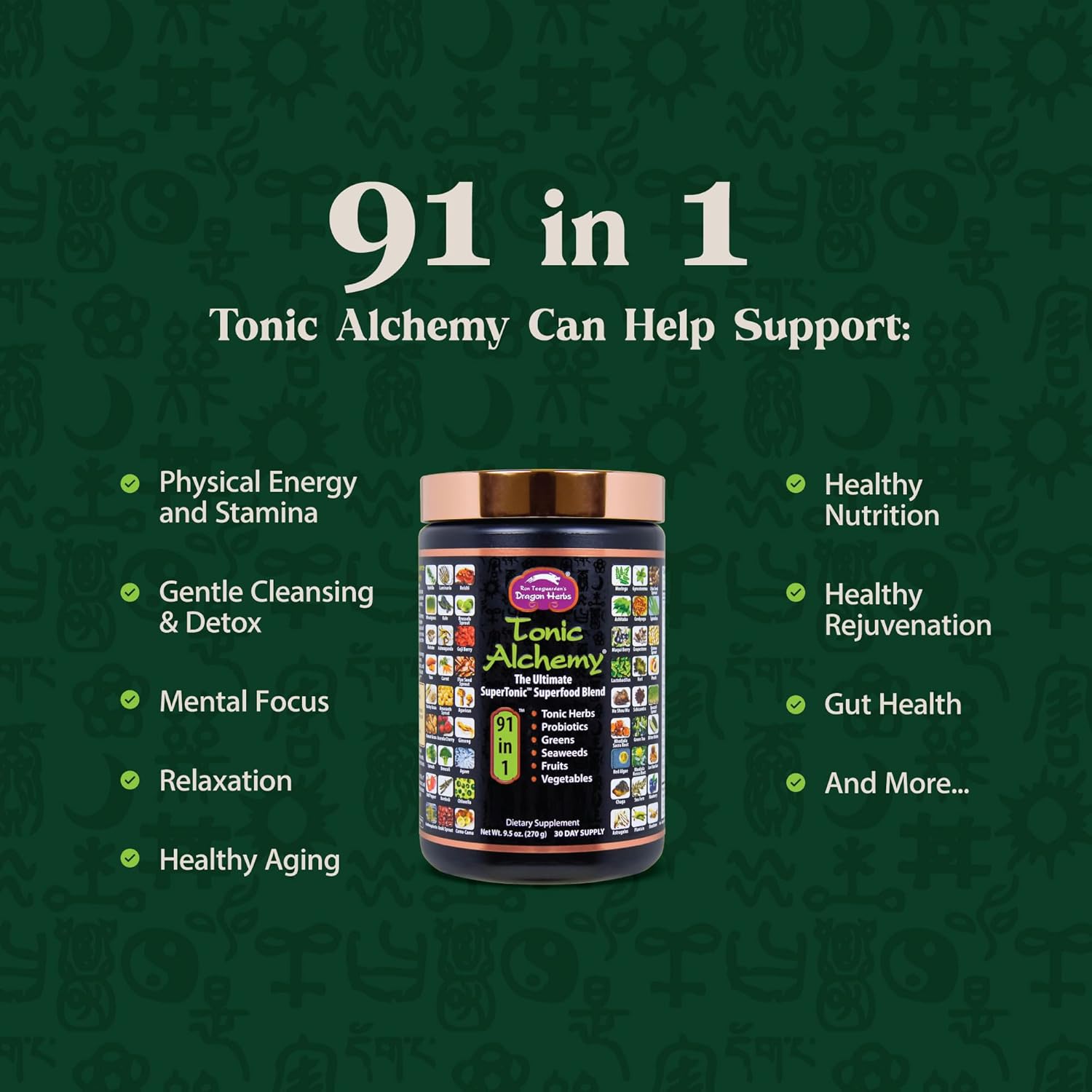 Dragon Herbs Tonic Alchemy Superfood Greens Powder - 91 Ingredients including Ashwagandha, Mushrooms, Probiotics - 30 Servings