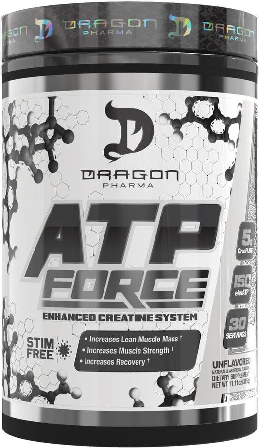 Dragon Pharma ATP Force Enhanced Creatine System - 5g CreaPure, Stim-Free, Boosts Muscle Mass & Recovery, Enhances Blood Flow - 30 Servings