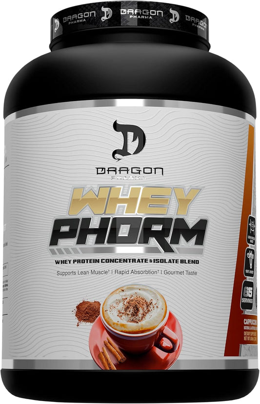 Dragon Pharma Whey Protein Blend - Gluten Free, WheyPhorm Formula, Fast Absorption for Recovery (Cappuccino, 65 Servings)