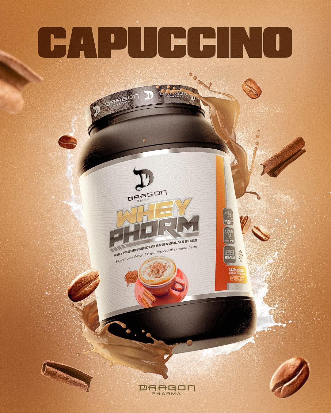 Dragon Pharma Whey Protein Blend - Gluten Free, WheyPhorm Formula, Fast Absorption for Recovery (Cappuccino, 65 Servings)