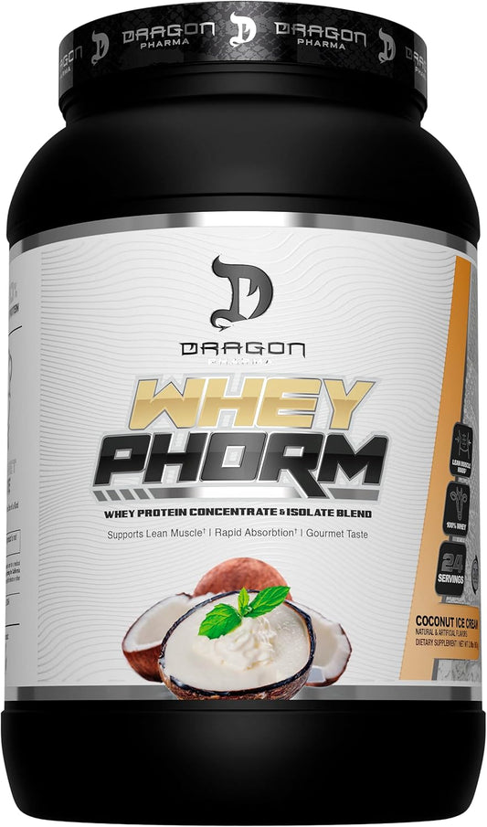 Dragon Pharma Whey Protein Blend: Fast Absorption, Gluten Free, 100% Whey Protein, WheyPhorm, Coconut Ice Cream Flavor, 25g Protein, Maximize Recovery
