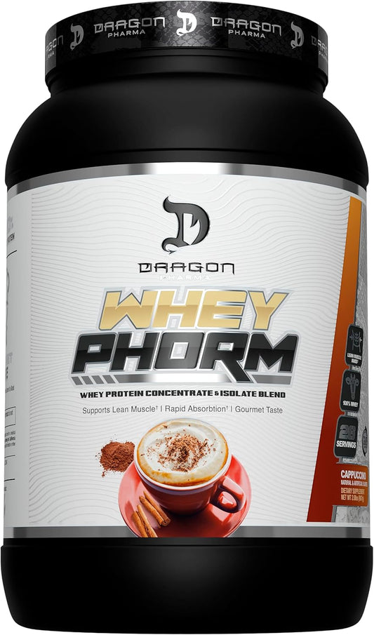 Dragon Pharma Whey Protein Blend: Fast Absorption, Gluten Free, 100% Whey Protein, WheyPhorm, Maximize Recovery, Cappuccino Flavor - 26 Servings, 25g Protein
