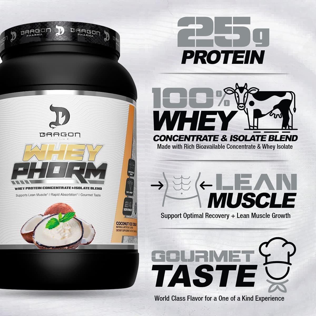 Dragon Pharma Whey Protein Blend: Fast Absorption, Gluten Free, 100% Whey Protein, WheyPhorm, Coconut Ice Cream Flavor, 25g Protein, Maximize Recovery
