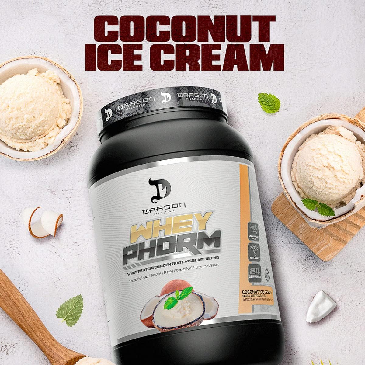 Dragon Pharma Whey Protein Blend: Fast Absorption, Gluten Free, 100% Whey Protein, WheyPhorm, Coconut Ice Cream Flavor, 25g Protein, Maximize Recovery