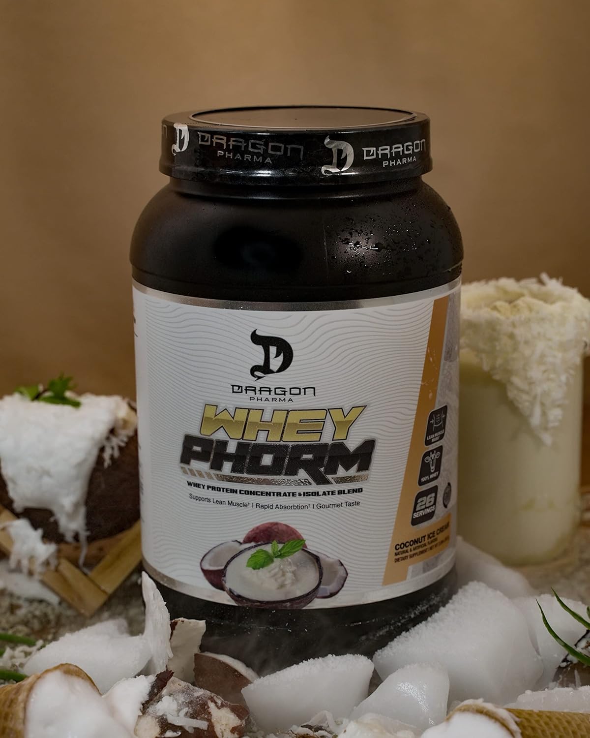 Dragon Pharma Whey Protein Blend: Fast Absorption, Gluten Free, 100% Whey Protein, WheyPhorm, Coconut Ice Cream Flavor, 25g Protein, Maximize Recovery