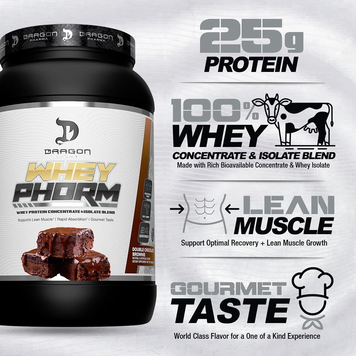 Dragon Pharma WheyPhorm Protein Blend - Fast Absorption, Gluten Free, Maximize Recovery - 25g Protein (24 Servings, Double Chocolate Brownie)