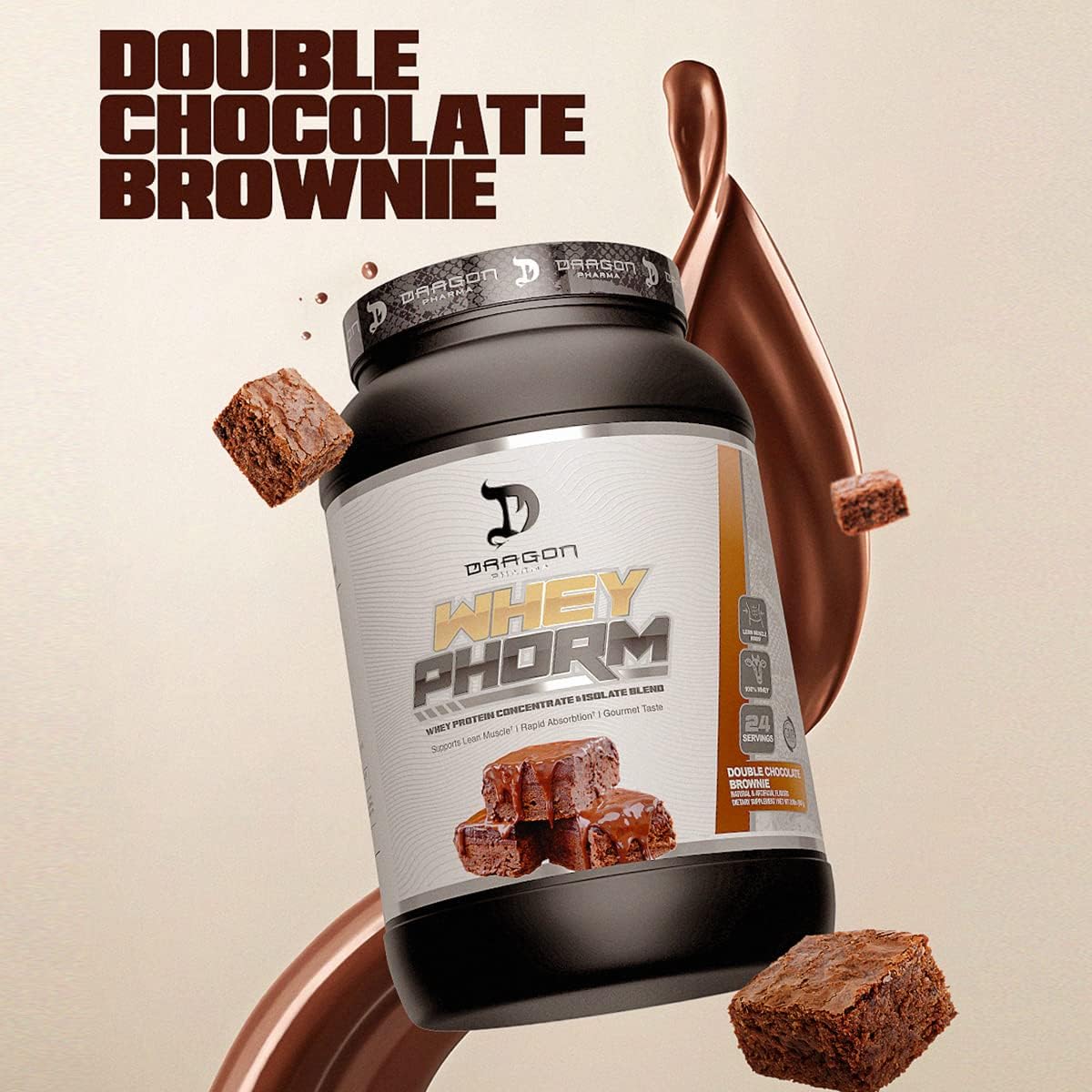 Dragon Pharma WheyPhorm Protein Blend - Fast Absorption, Gluten Free, Maximize Recovery - 25g Protein (24 Servings, Double Chocolate Brownie)