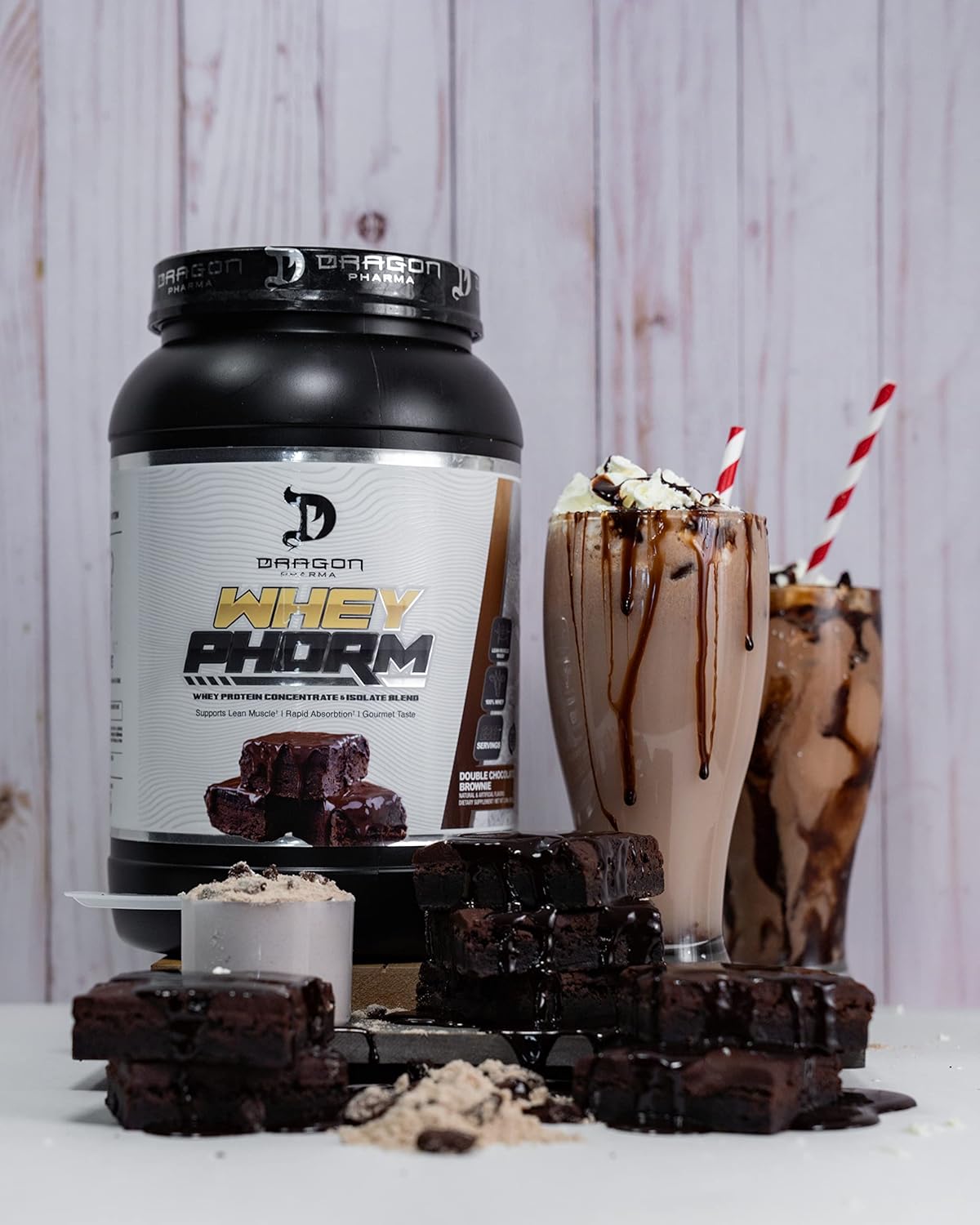 Dragon Pharma WheyPhorm Protein Blend - Fast Absorption, Gluten Free, Maximize Recovery - 25g Protein (24 Servings, Double Chocolate Brownie)