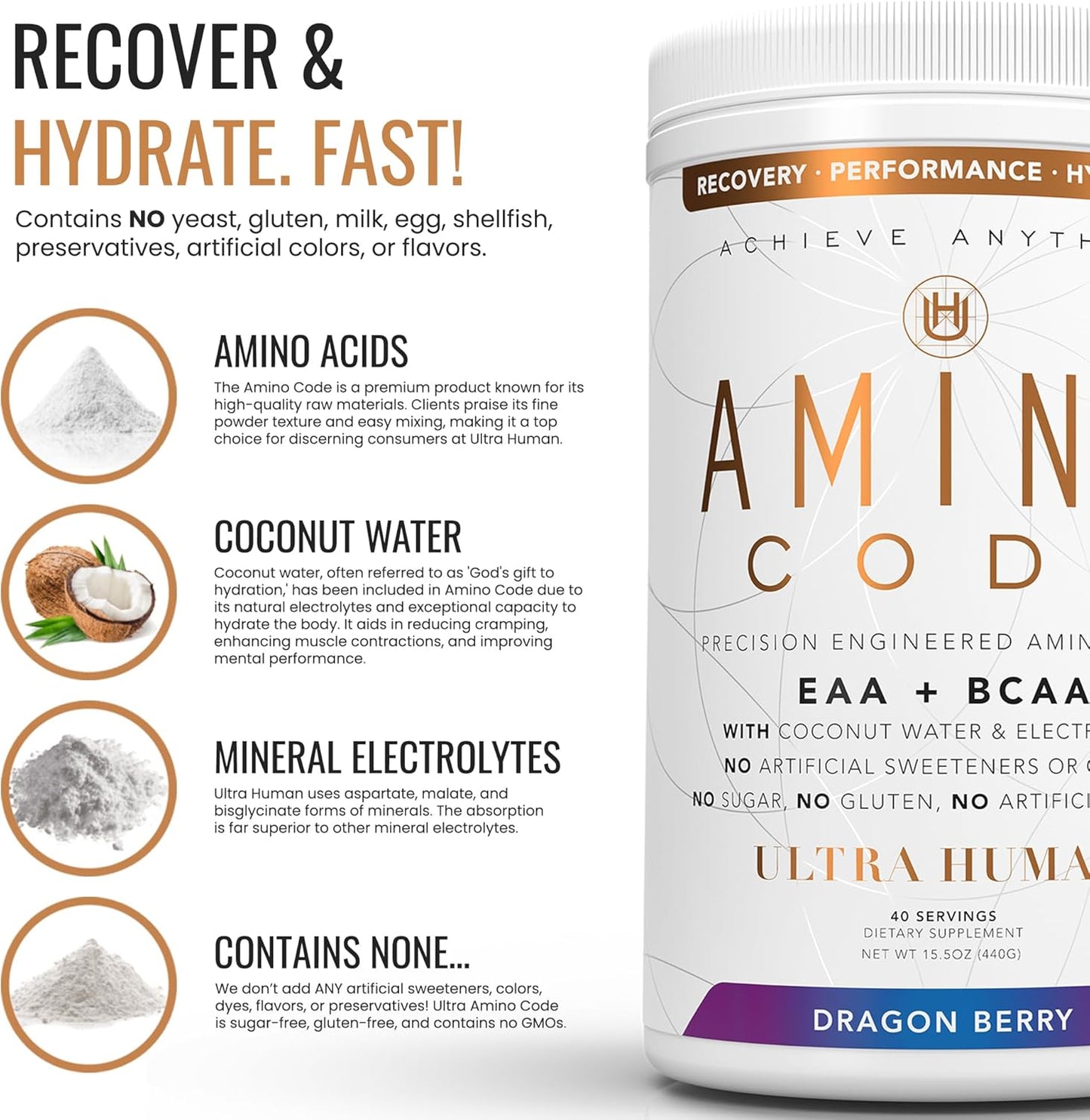 Dragonberry Amino Energy Powder Drink | Essential Amino Acids + BCAAs + Electrolytes | Fast Workout Recovery & Hydration | Clean Formula, 40 Servings