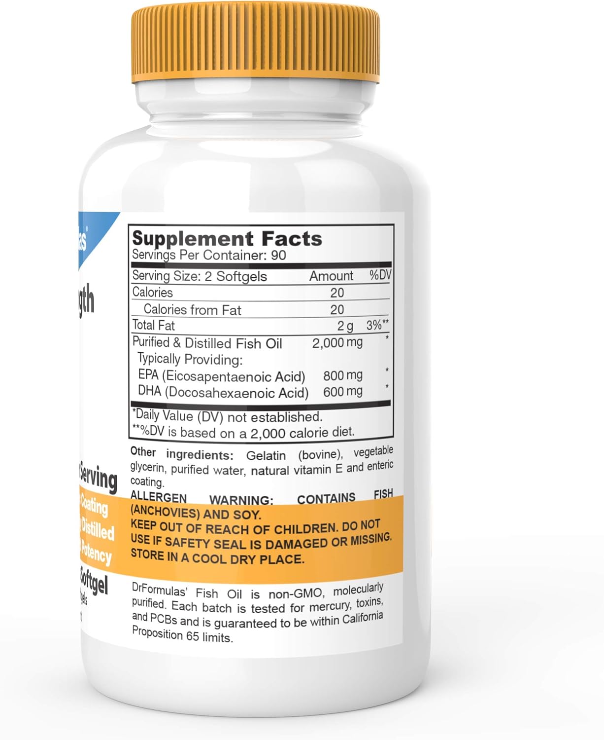 DrFormulas 2000mg Triple Strength Omega 3 Fish Oil with EPA and DHA, 180 Softgels for No Burping