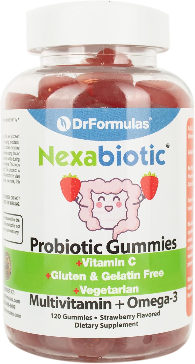 DrFormulas Multivitamin Gummies with Omega 3, Probiotics, and Nexabiotic for Kids & Adults | Vitamin A, C, D3, E, B6, B12, Zinc, Biotin, Folate | Halal Vegetarian, 120 Count