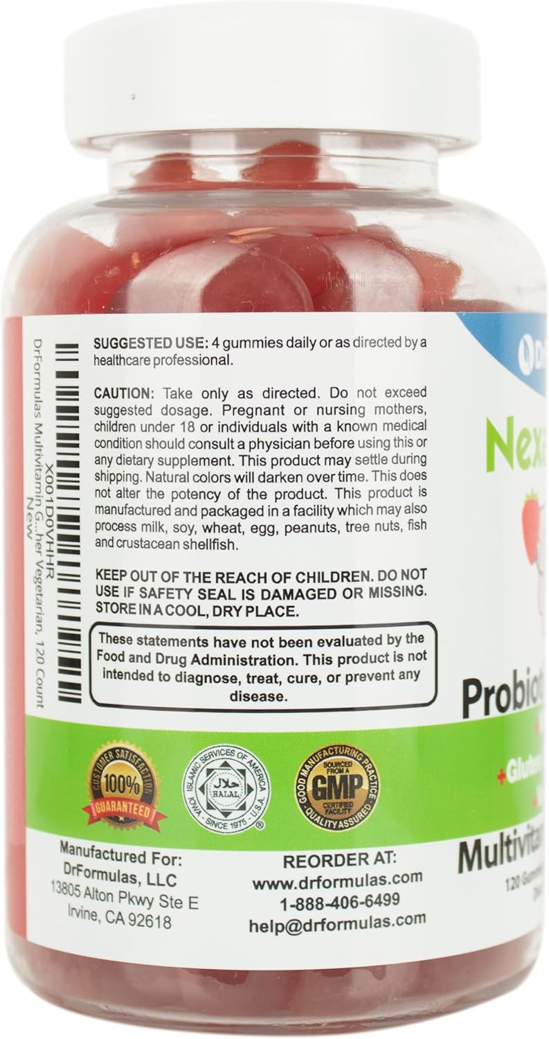 DrFormulas Multivitamin Gummies with Omega 3, Probiotics, and Nexabiotic for Kids & Adults | Vitamin A, C, D3, E, B6, B12, Zinc, Biotin, Folate | Halal Vegetarian, 120 Count