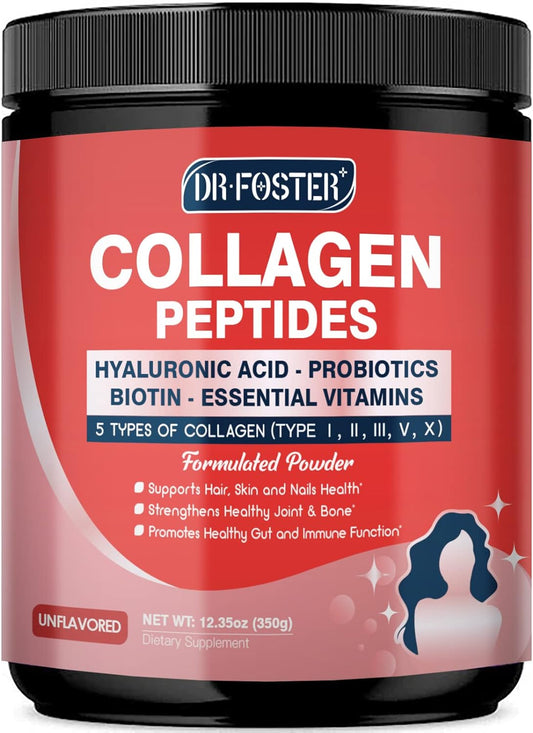 DRFOSTER Multi Collagen Peptides Powder with Probiotics - Type I II III V X - Hydrolyzed Collagen Peptides with Multivitamins, Hyaluronic Acid & Biotin - Skin Hair Nail Joints Gut Support, 35 Servings