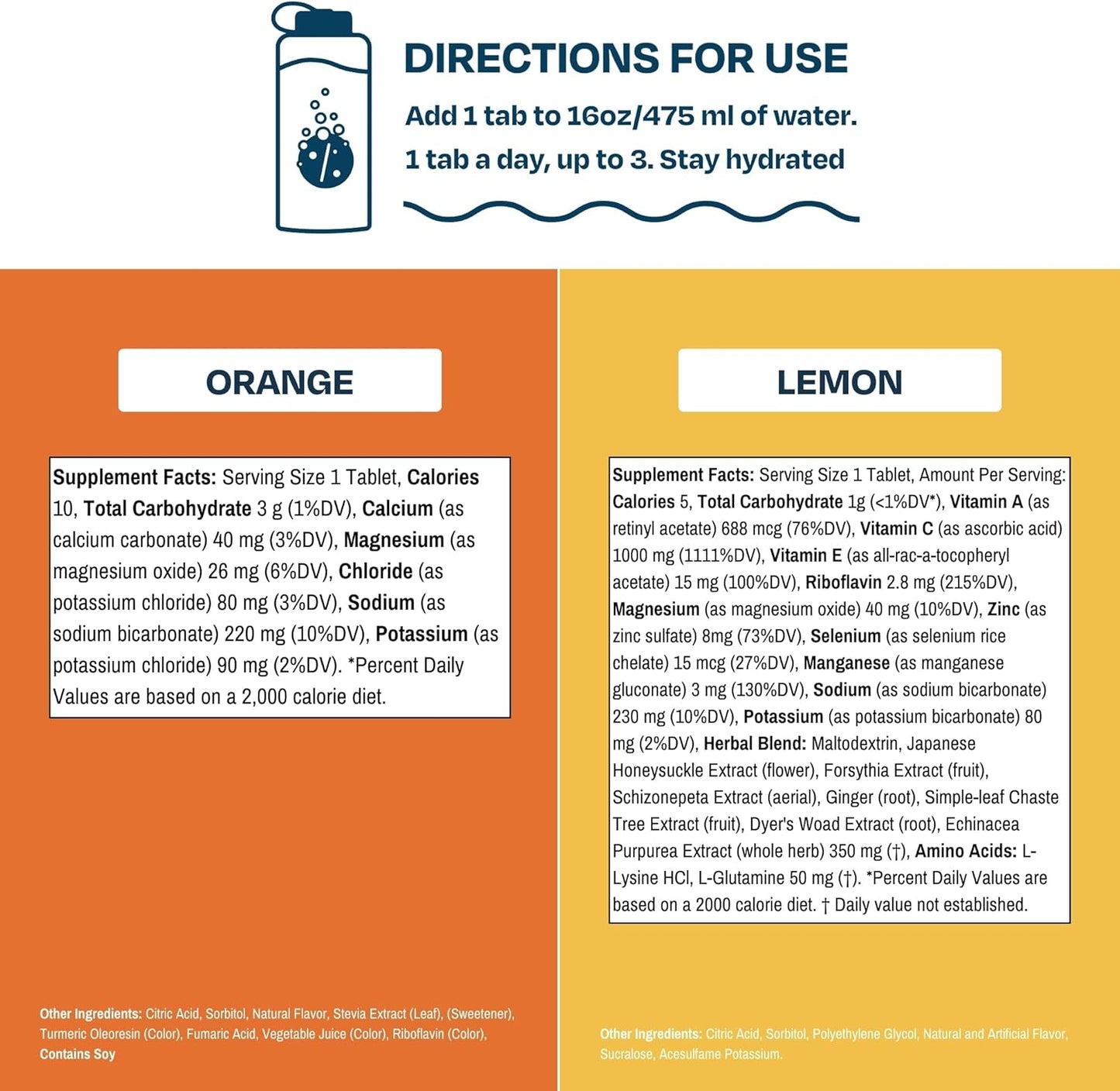 Drinklits Combo Pack: Orange Electrolyte Hydration & Lemon Immunity Tablets - 20 Servings, Gluten Free & Great Taste