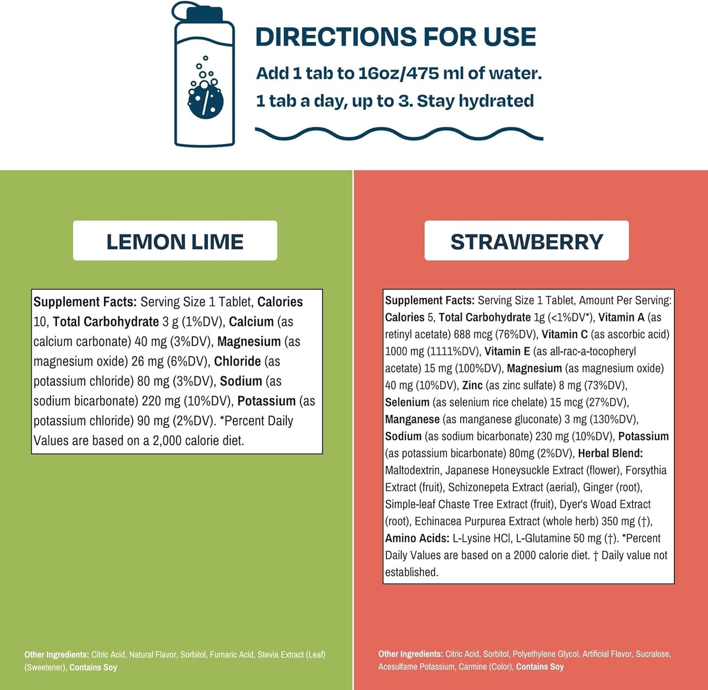 Drinklits Lemon Lime Electrolyte Hydration & Strawberry Immunity Tablets Combo Pack | 60 Servings | Gluten-Free & Great Taste | 10 Tablets Per Tube