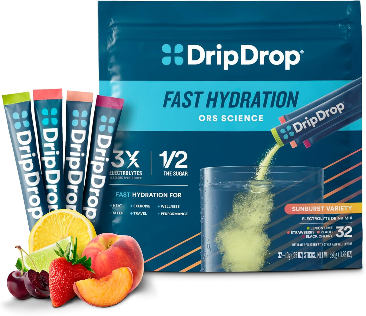 DripDrop Hydration Sunburst Variety Pack - Electrolyte Drink Mix Powder Packets - Lemon Lime, Strawberry, Peach, Black Cherry - Non-GMO, Gluten Free, Vegan - 32 Sticks - BoostGo Australia