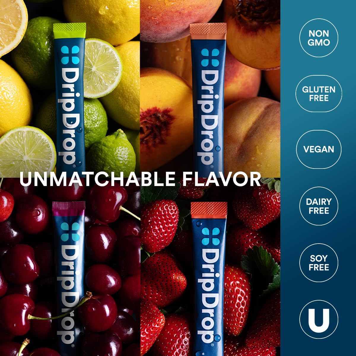 DripDrop Hydration Sunburst Variety Pack - Electrolyte Drink Mix Powder Packets - Lemon Lime, Strawberry, Peach, Black Cherry - Non-GMO, Gluten Free, Vegan - 32 Sticks - BoostGo Australia