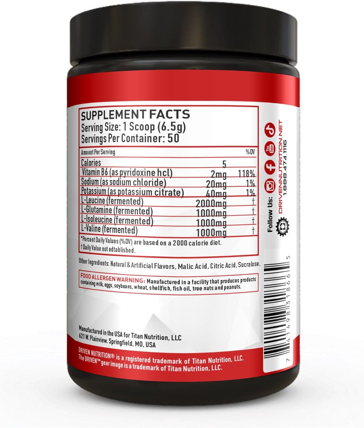 Driven Nutrition Amino BCAA with Glutamine - 2:1:1 Ratio, 4g Leucine - Boost Performance, Build Muscle, Vegan - Watermelon