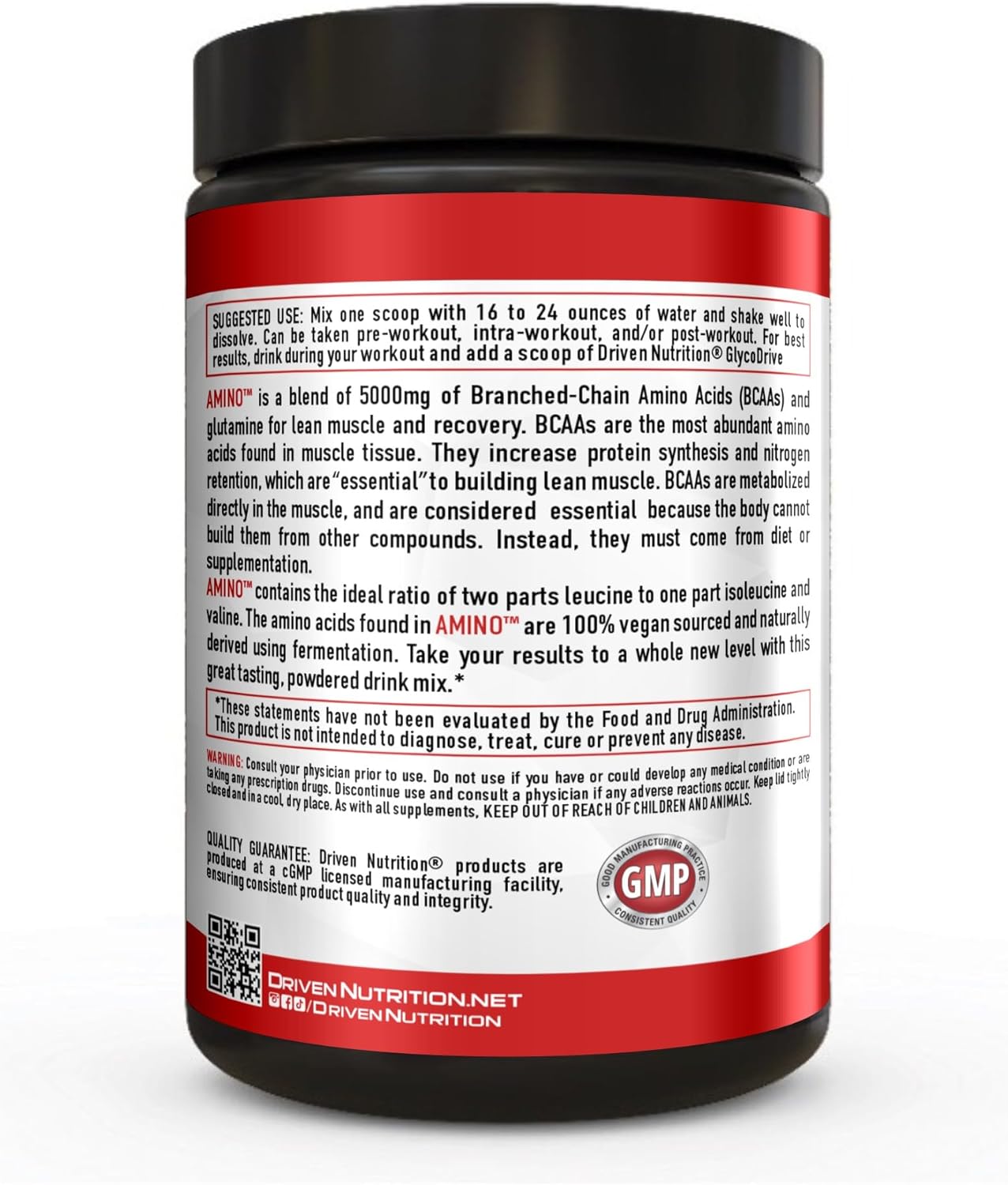 Driven Nutrition Amino BCAA with Glutamine - 2:1:1 Ratio, 4g Leucine - Boost Performance, Build Muscle, Vegan - Watermelon