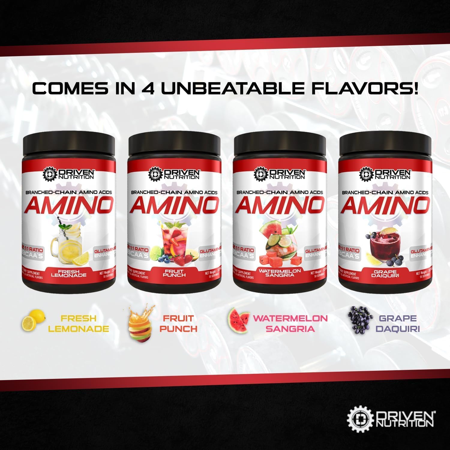 Driven Nutrition Amino BCAA with Glutamine - 2:1:1 Ratio, 4g Leucine - Boost Performance, Build Muscle, Vegan - Watermelon