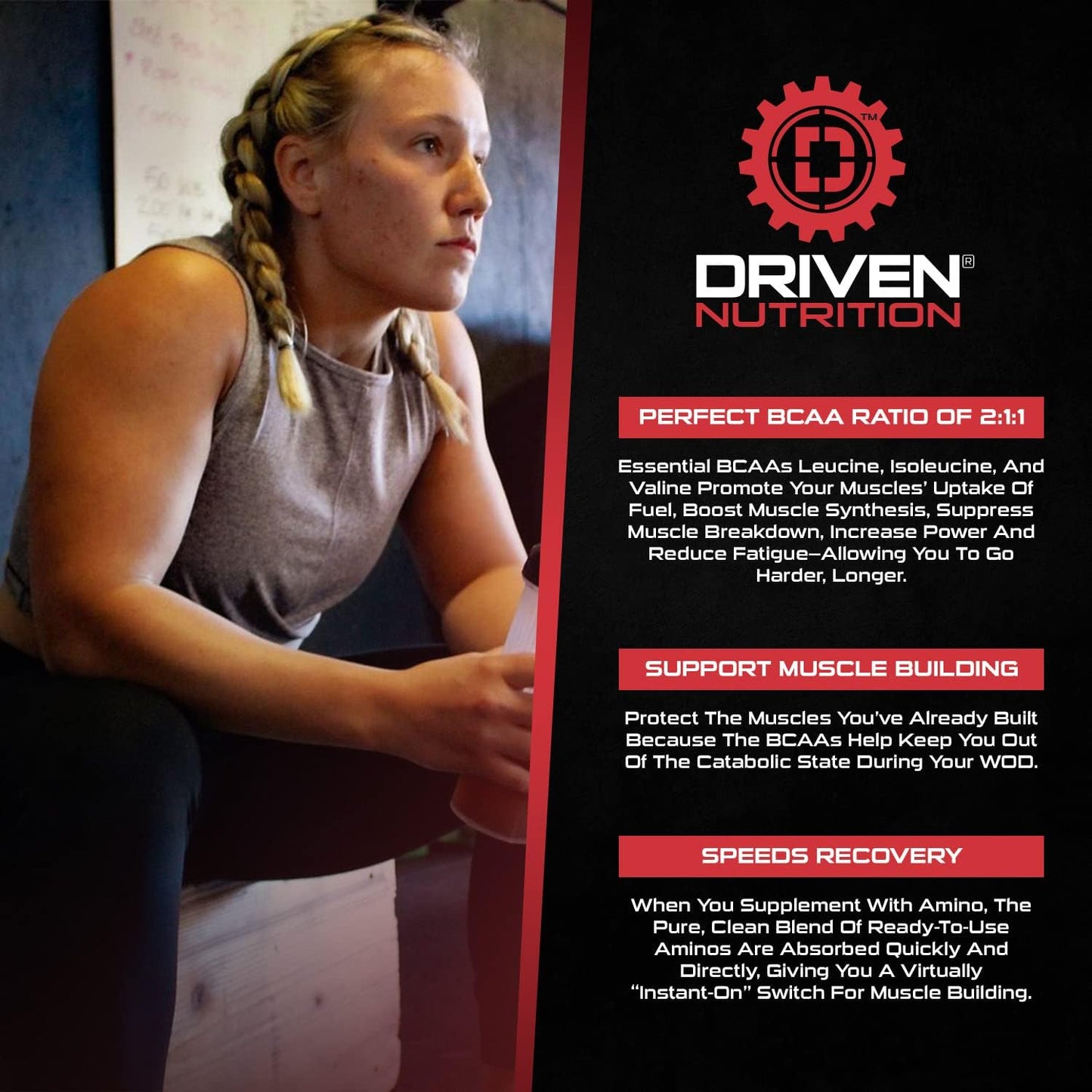 Driven Nutrition Amino BCAA with Glutamine - 2:1:1 Ratio, 4g Leucine - Boost Performance, Build Muscle, Vegan - Watermelon