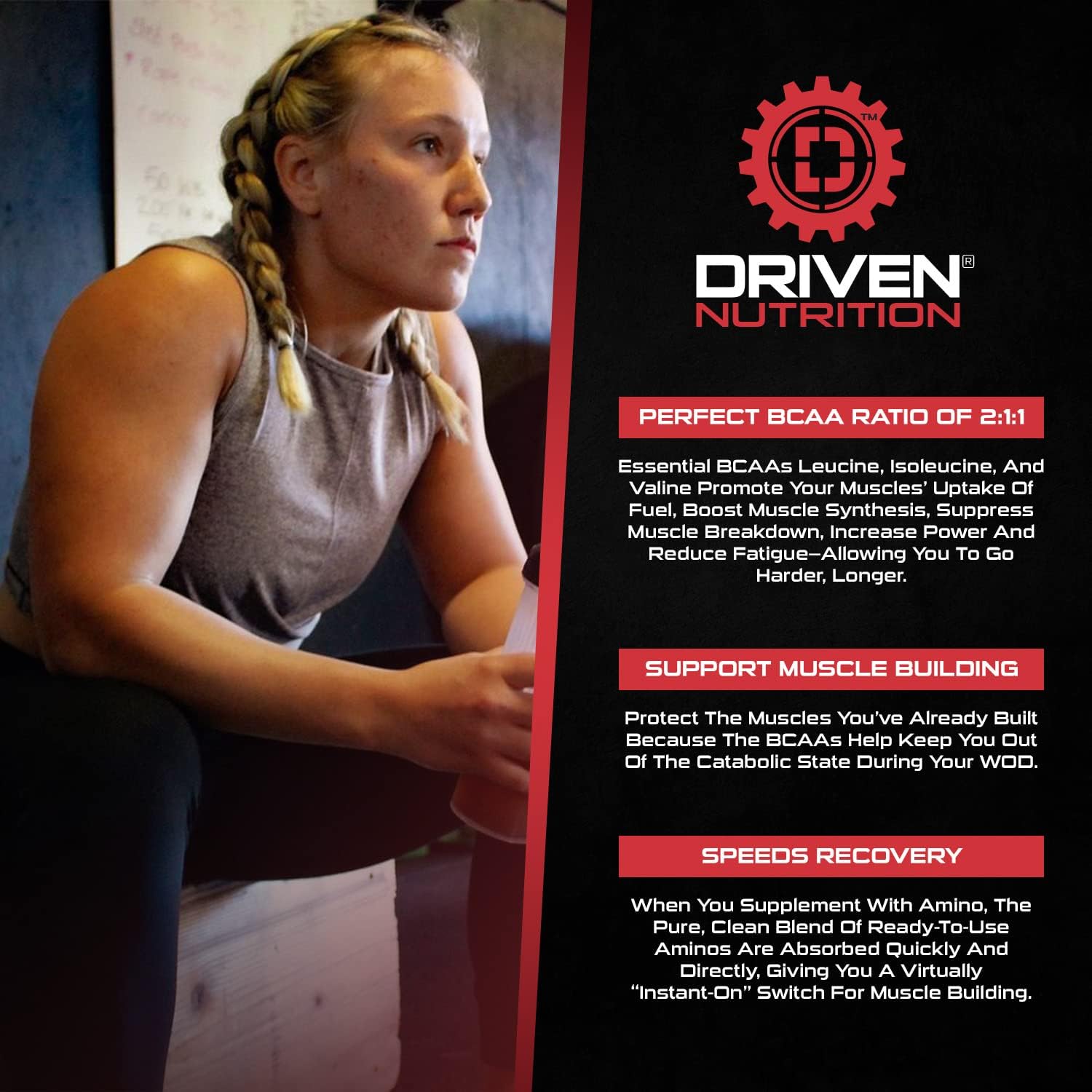 Driven Nutrition Amino BCAA with Glutamine - 2:1:1 Ratio, 4g Leucine - Boost Performance, Build Muscle, Vegan - Watermelon