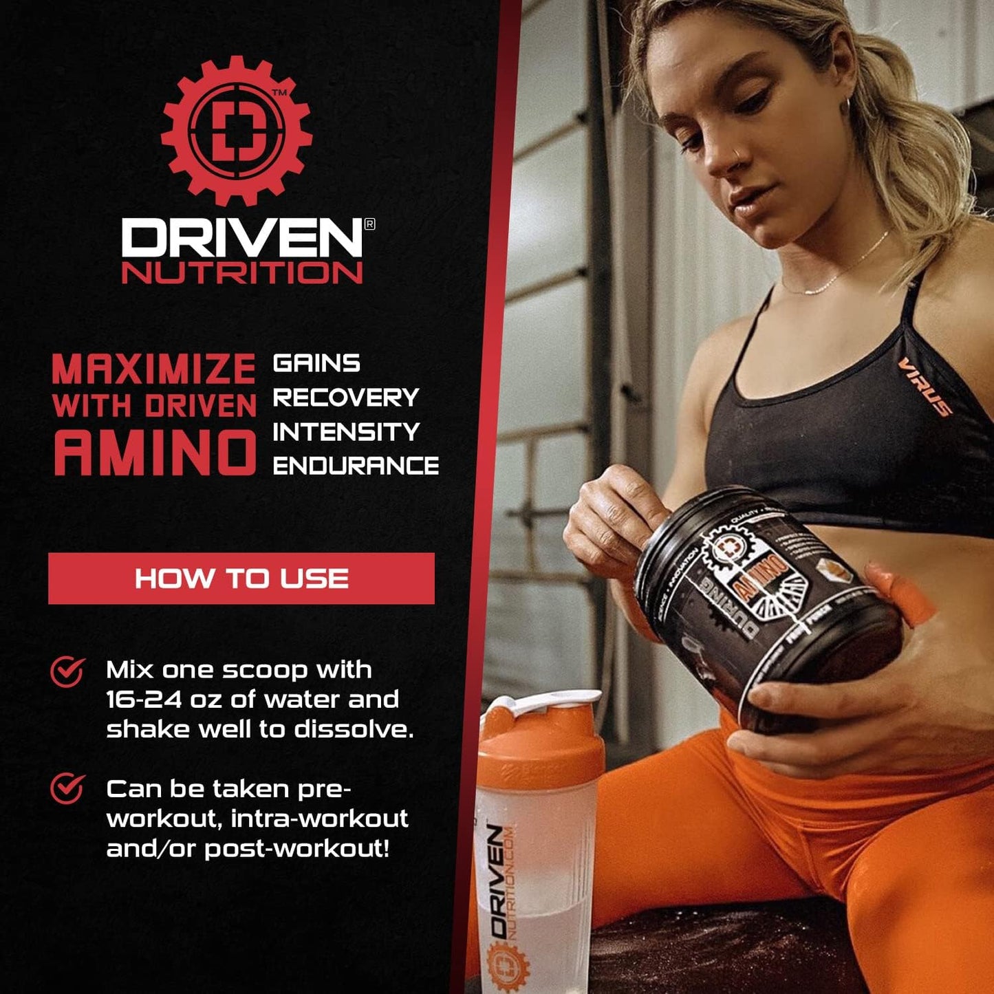 Driven Nutrition Amino BCAA with Glutamine - 2:1:1 Ratio, 4g Leucine - Boost Performance, Build Muscle, Vegan - Watermelon