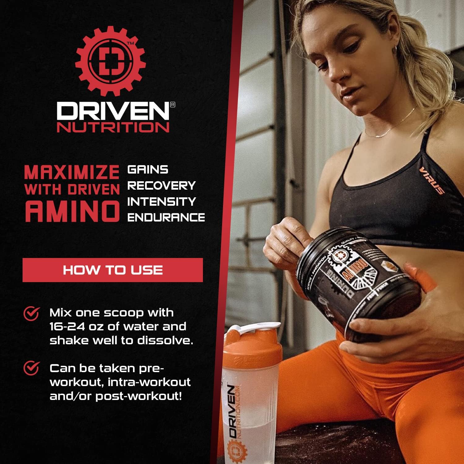 Driven Nutrition Amino BCAA with Glutamine - 2:1:1 Ratio, 4g Leucine - Boost Performance, Build Muscle, Vegan - Watermelon