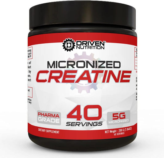 Driven Nutrition Creatine Powder - Unflavored Micronized 200g - Enhances Physical Performance, Cognition, Strength, Muscle Mass, Endurance, Speed - 5g Per Serving to Reduce Fatigue