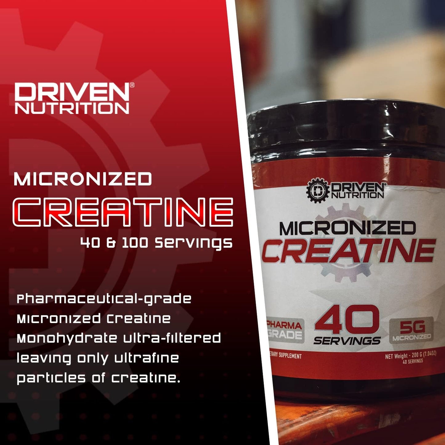 Driven Nutrition Creatine Powder - Unflavored Micronized 200g - Enhances Physical Performance, Cognition, Strength, Muscle Mass, Endurance, Speed - 5g Per Serving to Reduce Fatigue