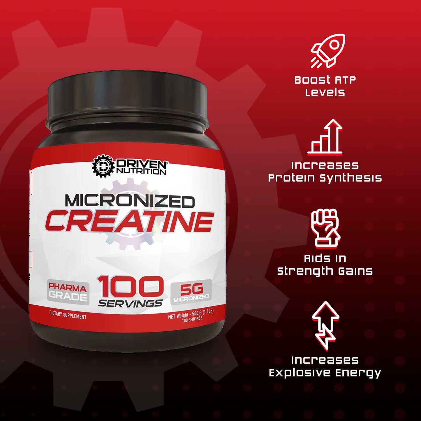 Driven Nutrition Creatine Powder - Unflavored Micronized 200g - Enhances Physical Performance, Cognition, Strength, Muscle Mass, Endurance, Speed - 5g Per Serving to Reduce Fatigue