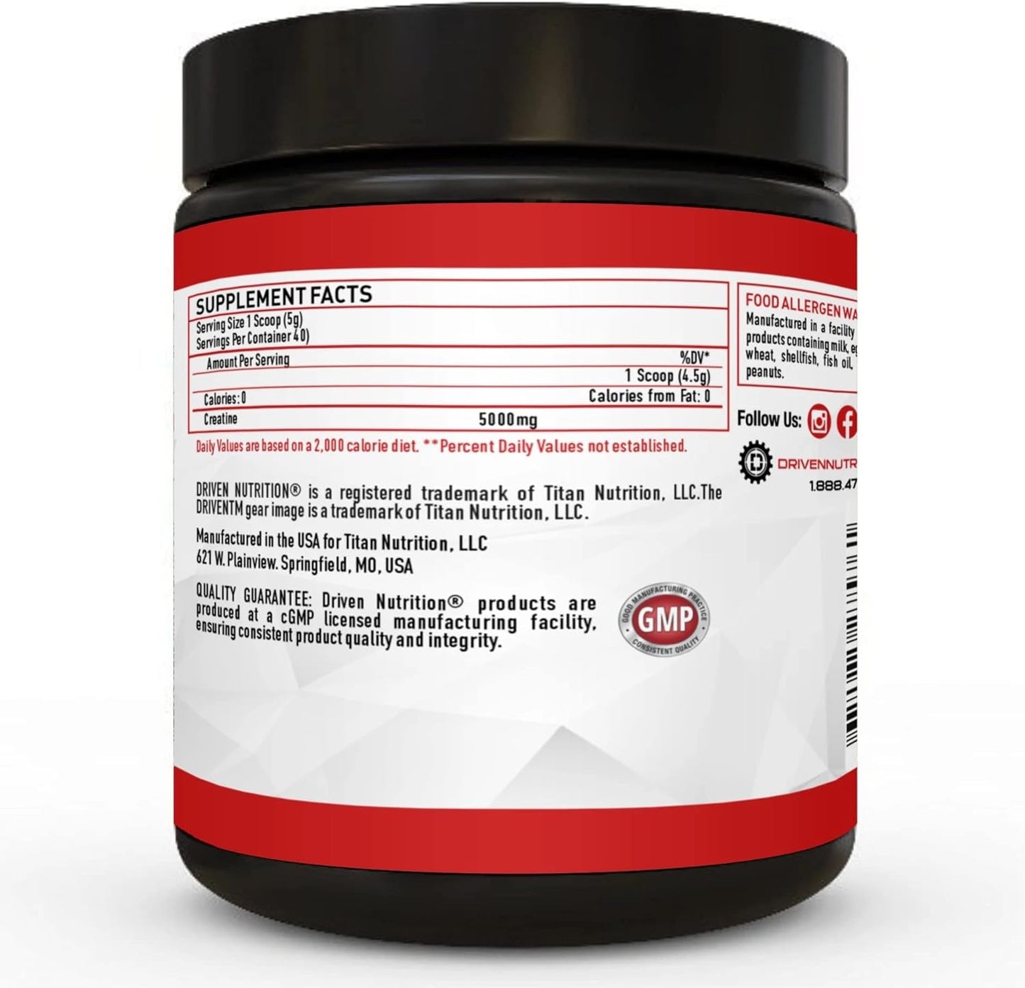 Driven Nutrition Creatine Powder - Unflavored Micronized 200g - Enhances Physical Performance, Cognition, Strength, Muscle Mass, Endurance, Speed - 5g Per Serving to Reduce Fatigue