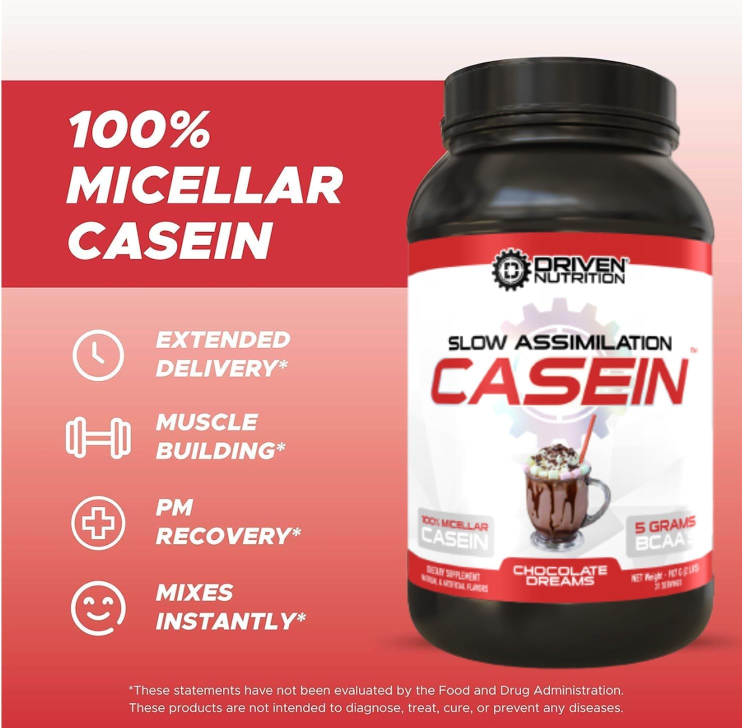 Driven Nutrition Driven Casein: Chocolate Dreams - 100% Micellar Protein Powder with BCAA and Digestive Enzymes for Nighttime Muscle Recovery