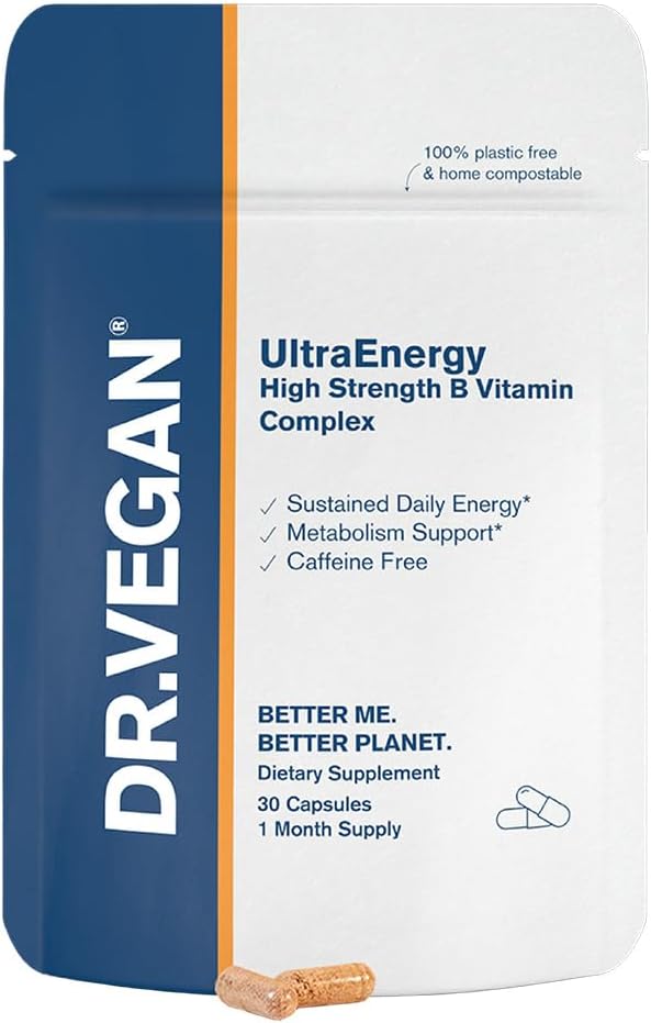 DR.VEGAN UltraEnergy High Strength B Vitamin Complex Capsules - Vitamin B12, Choline, Biotin, Folate - Vegan-Friendly One-A-Day Supplement
