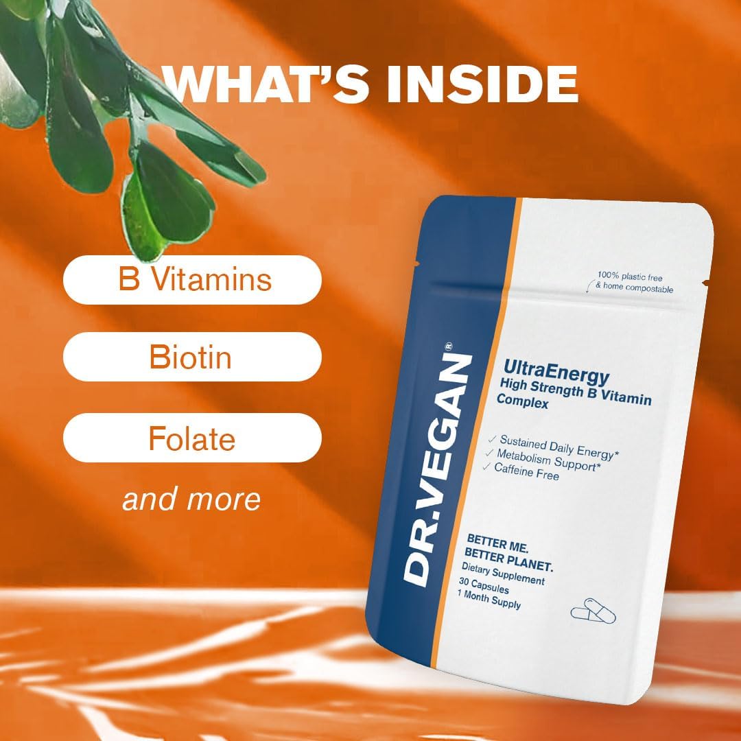 DR.VEGAN UltraEnergy High Strength B Vitamin Complex Capsules - Vitamin B12, Choline, Biotin, Folate - Vegan-Friendly One-A-Day Supplement