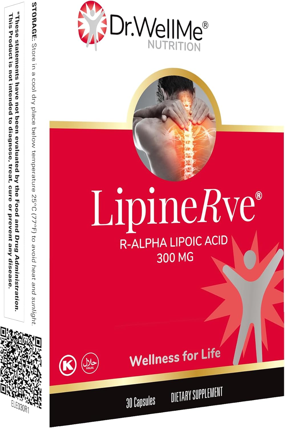 Dr.WellMe Lipinerve R Alpha Lipoic Acid 300mg Capsules - Antioxidant Supplement, Kosher/Halal, 30 Count USA Made