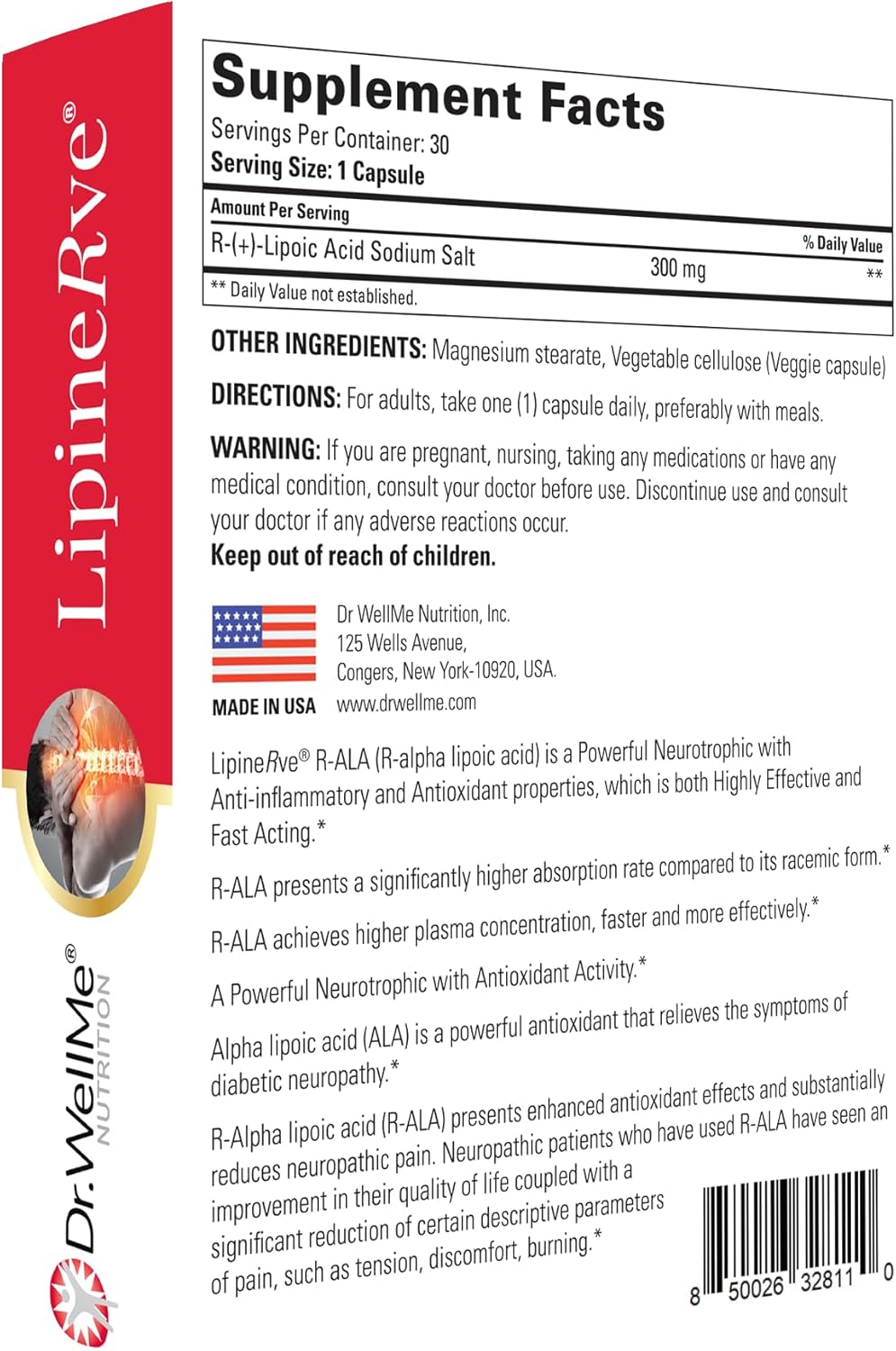 Dr.WellMe Lipinerve R Alpha Lipoic Acid 300mg Capsules - Antioxidant Supplement, Kosher/Halal, 30 Count USA Made