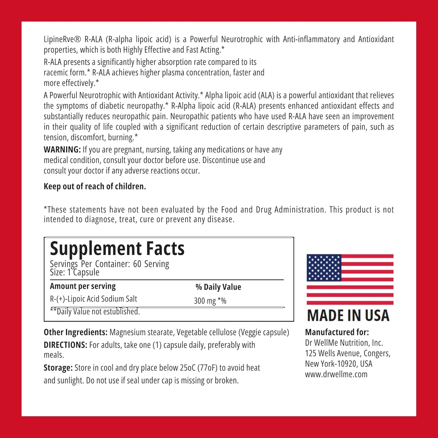 Dr.WellMe Lipinerve R Alpha Lipoic Acid 300mg Capsules - Antioxidant Supplement, Kosher/Halal, 30 Count USA Made