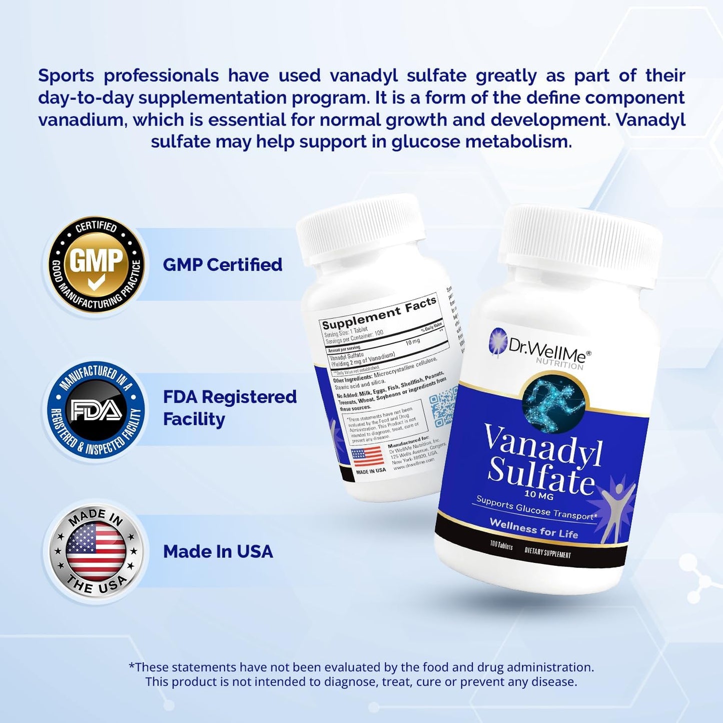 Dr.WellMe Nutrition Vanadyl Sulfate Supplement 10 mg - Supports Healthy Blood Sugar - 100 Tablets (Pack of 3)