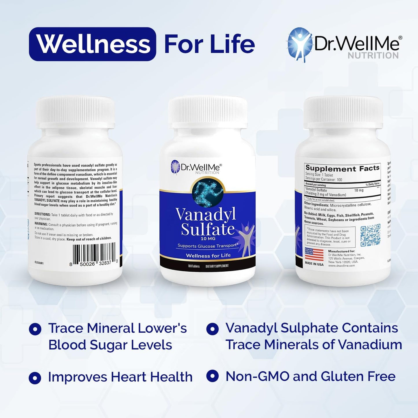 Dr.WellMe Nutrition Vanadyl Sulfate Supplement 10 mg - Supports Healthy Blood Sugar - 100 Tablets (Pack of 3)