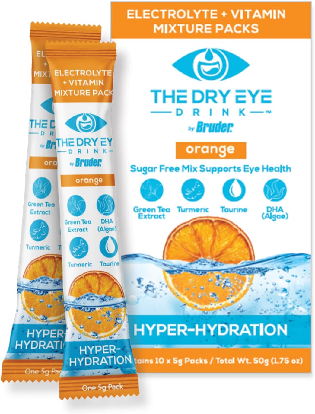 Dry Eye Hydration Drink - Electrolyte Powder Packets with Vitamins, Green Tea, Turmeric, Taurine, and DHA - Sugar-Free - Orange Flavor - 5g x 10 Packets