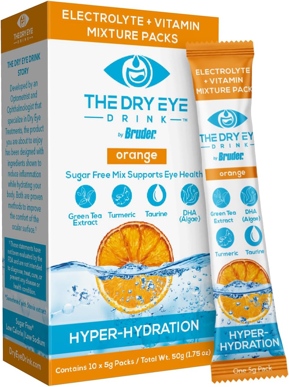 Dry Eye Hydration Drink - Electrolyte Powder Packets with Vitamins, Green Tea, Turmeric, Taurine, and DHA - Sugar-Free - Orange Flavor - 5g x 10 Packets